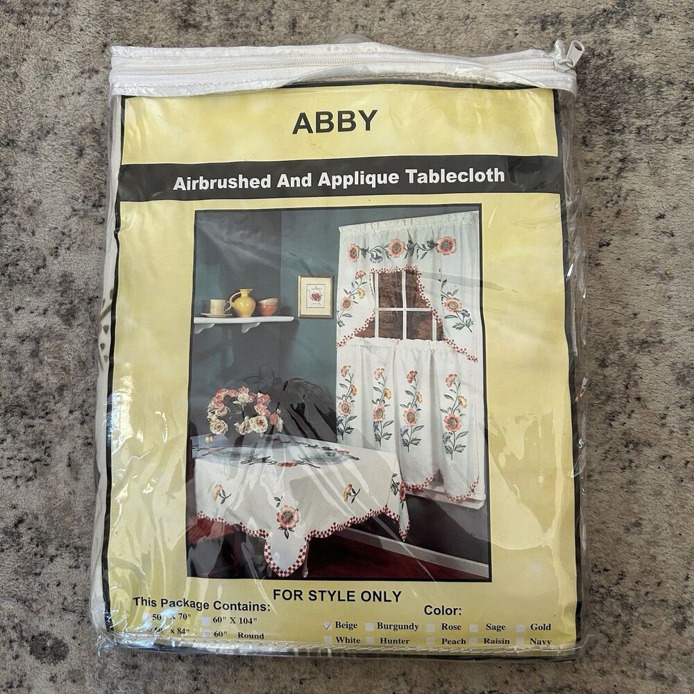 Vtg Applique Tablecloth Abby Cottagecore Floral Beige Airburshed Design 60x84